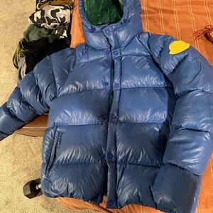Blue Puffer Jacket with Yellow Patch